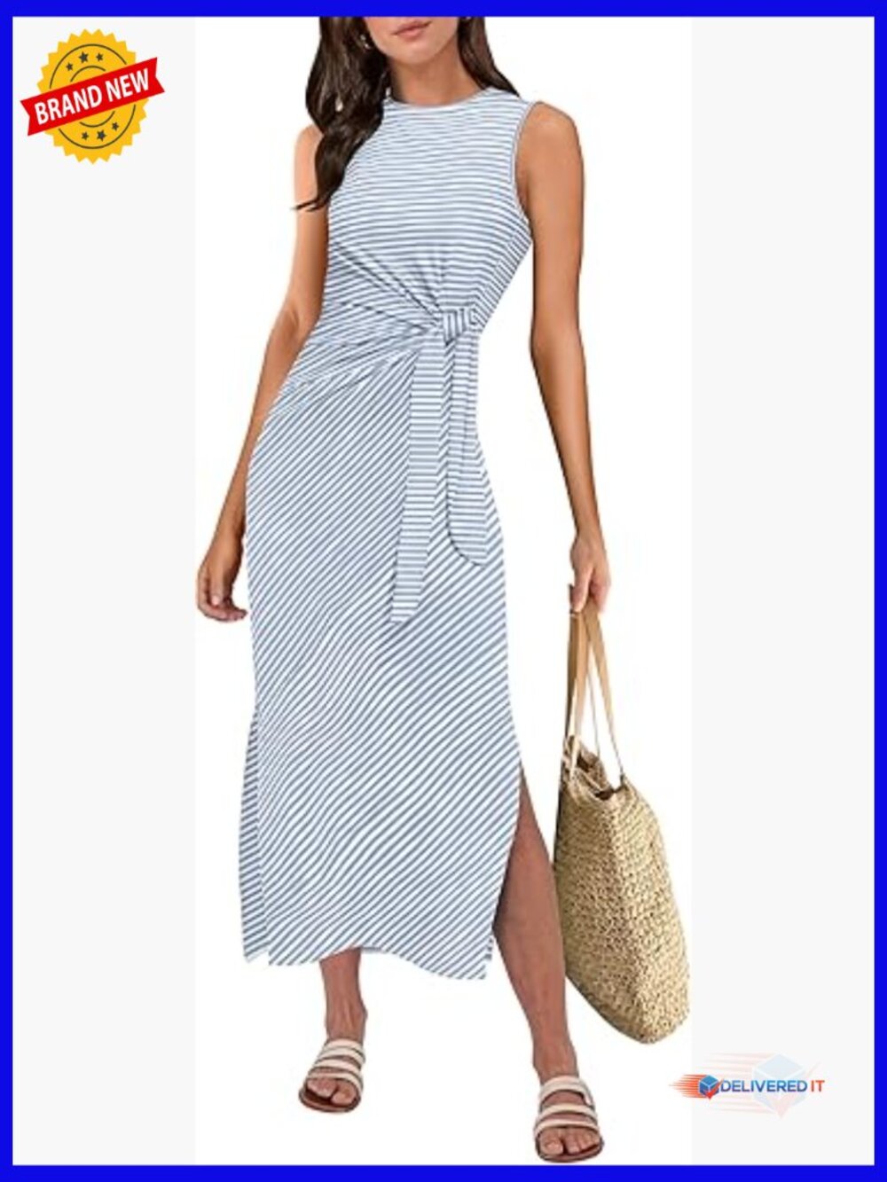 Sleeveless Slim Fit Tie Waist Midi Dress with Split